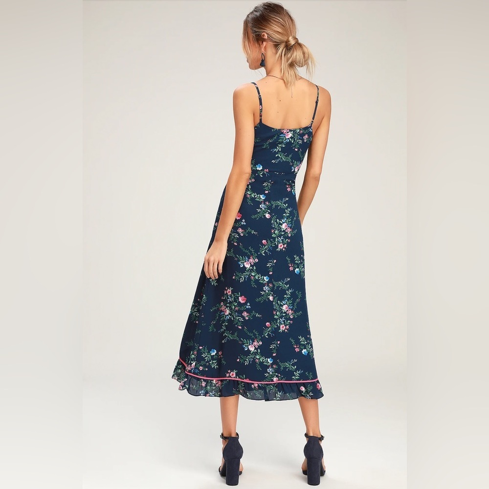 Lulus Navy Floral Ruffled Wrap Midi Dress‎ Size S - Picture 11 of 14